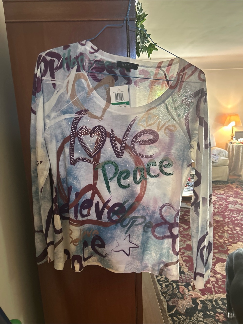 B.L.E.U. Women’s Love Peace Believe Beaded Graphic Long-Sleeve Top - Multicolor